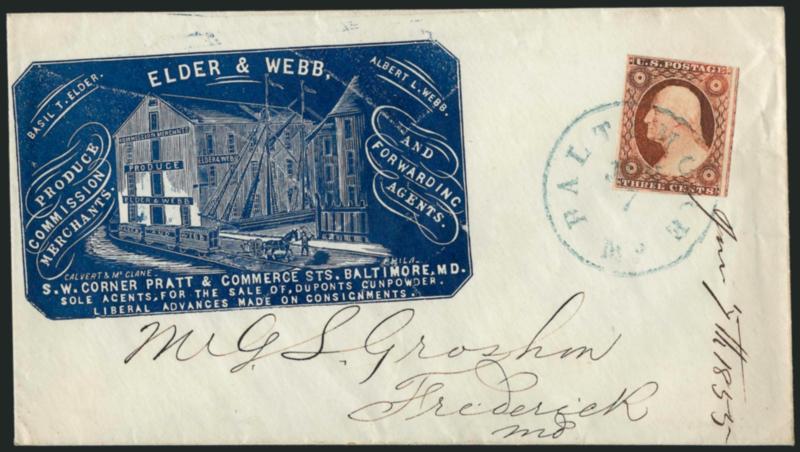 3c Dull Red, Ty. II (11A).> Large margins to just in incl. part of adjoining stamp at right, tied by <blue> Baltimore Md. Jan. 7 circular datestamp on cover with <Elder & Webb Produce Merchants and Forwarding
Agents blue illustrated cameo corner ca