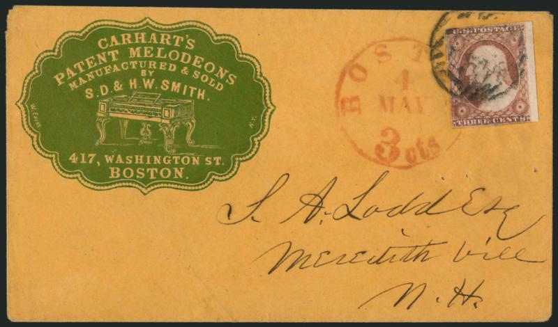 3c Dull Red, Ty. II (11A).> Large margins to just in incl. <sheet margin> at right, tied by large Paid grid and also by red Boston 3cts. May 4 circular datestamp on buff cover with <Carharts Patent Melodeons
green illustrated cameo corner card w