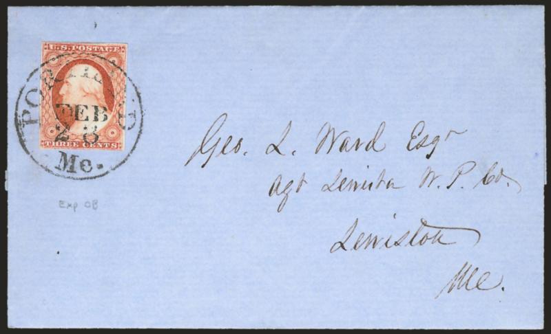 3c Experimental Orange Brown, Ty. II (11A).> Position 17L1L, large and even margins, brilliant color, tied by Portland Me. Dec. 28 circular datestamp on blue folded cover to Lewiston Me., fresh and Very Fine,
signed and plated by Amonette