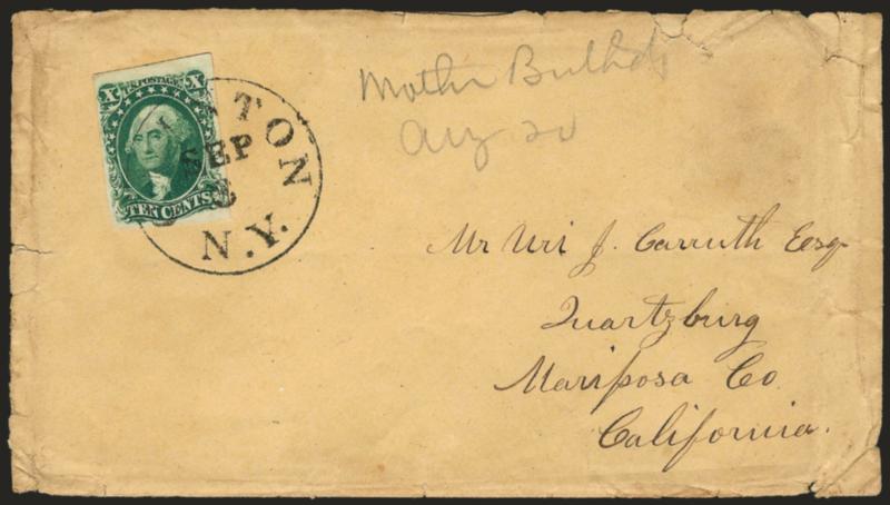 10c Green, Ty. III (15).> Large margins, tied by Clinton N.Y. Sep. 3 circular datestamp on cover to Quartzburg Cal., some edge tears, Very Fine