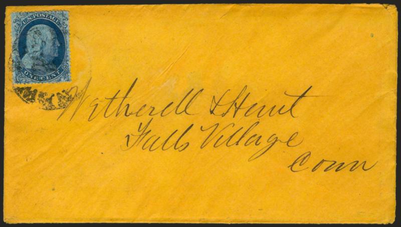 1c Blue, Ty. I (18).> Intense shade and impression, showing <re-entry on shoulder,> tied by New-York Jul. 1 circular datestamp on orange cover to Falls Village Conn., with original 1861-dated contents of
printed circular from grocer notifying custo