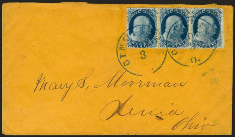 1c Blue, Ty. II, IIIa (20, 22).> Horizontal strip of three, left stamp with clear break at top, others may also be Ty. IIIA but due to placement of perfs weve erred on the side of caution, tied by <blue>
Cincinnati O. Nov. 3 circular datestamp on