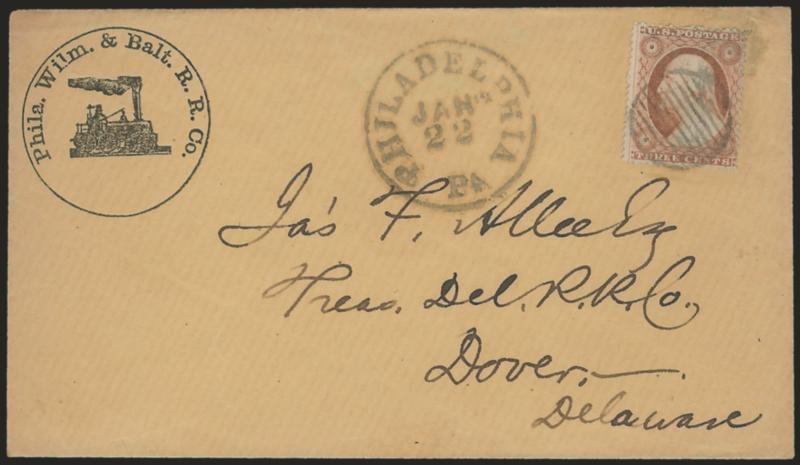 3c Dull Red, Ty. III (26).> Tied by 11-bar grid, Philadelphia Pa. Jan. 22 circular datestamp on cover with <illustrated Phila. Wilm. & Balt. R.R. Co. corner card> to Dover Del., missing small part of top flap,
Very Fine, attractive advertising co