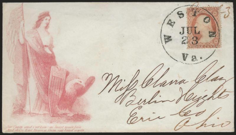 3c Dull Red, Ty. III (26).> Tied by large Weston Va. Jul. 23 circular datestamp on red <Magnus Standing Liberty with Eagle and Shield Patriotic> cover to Berlin Heights O., fresh and Very Fine, a pretty
cover