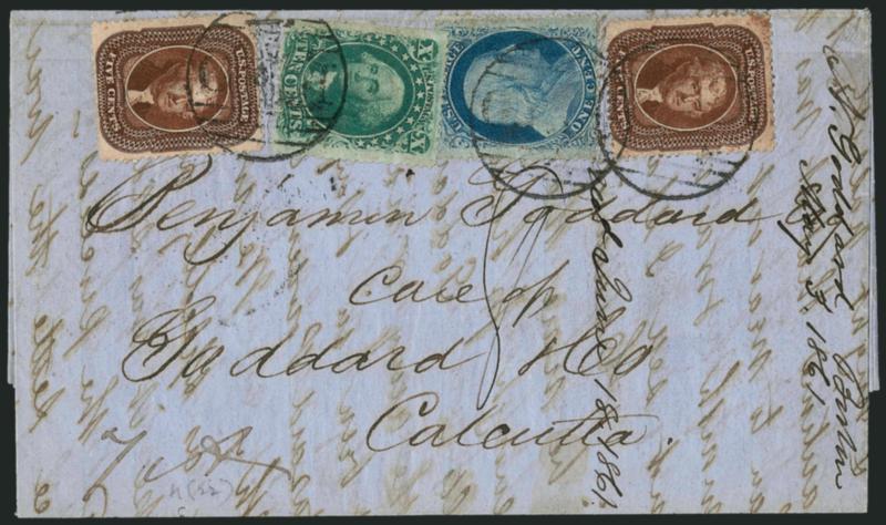 5c Brown, Ty. II (30A).> Two, used with <1c Blue, Ty. V (24) and 10c Green, Ty. V (35),> latter s.e. at left, tied by Boston large Paid grids on blue 1861 folded letter <to Calcutta, India,> bold Boston Am.
Pkt. May 3 backstamp, Bombay and receiv