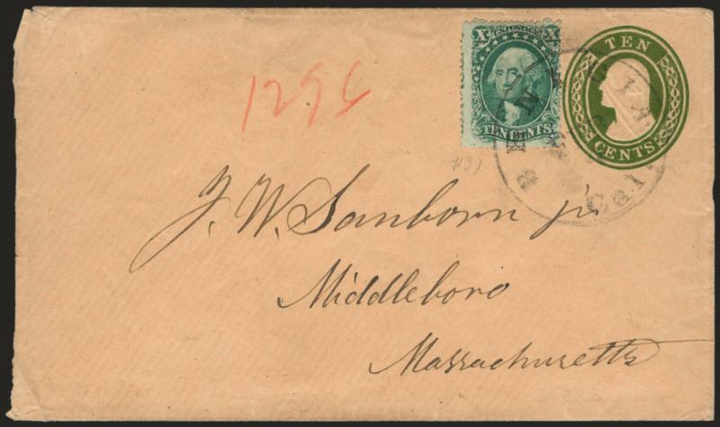 10c Green, Ty. I (31).> Average centering, corner tear top right, tied by Benicia Cal. circular datestamp on 10c Green on Buff, Nesbitt entire (U16) to Middleboro Mass., fairly attractive and a scarce
adhesiveembossed envelope usage