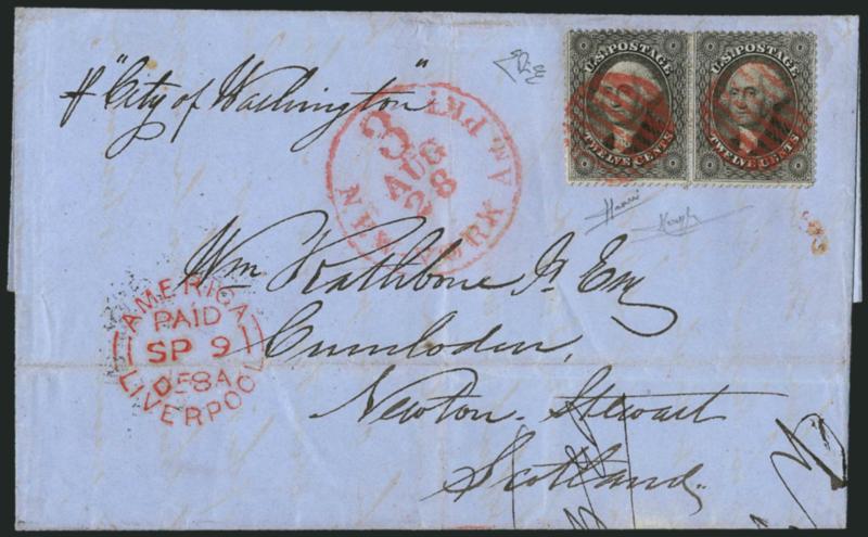12c Black (36).> Horizontal pair, cancelled by red grids, matching New York Am. Pkt. 3 Aug. 28 credit datestamp on blue 1858 folded letter <to Newton Stewart, Scotland,> red Liverpool transit and receiving
backstamp, endorsed <<p City of Washingto