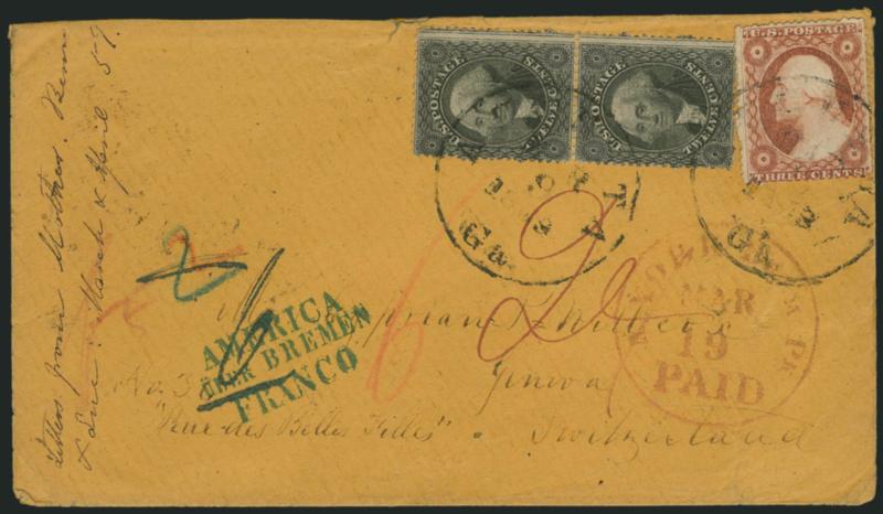 12c Black (36).> Vertical pair, used with 3c Dull Red, Ty. II (26), tied by Augusta Ga. Mar. 9, 1859 circular datestamps on orange cover <to Geneva, Switzerland,> various markings include magenta 24 credit,
missing part of top flap and with small