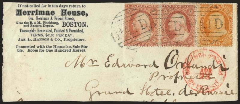 30c Orange (38).> Used with two 3c Dull Red, Ty. III (26), tied by Boston large Paid grids on piece with <Merrimac House hotel corner card,> red New York Paid All Br. Transit Apr. 23 circular datestamp,
possibly used to Russia but not confirmed,