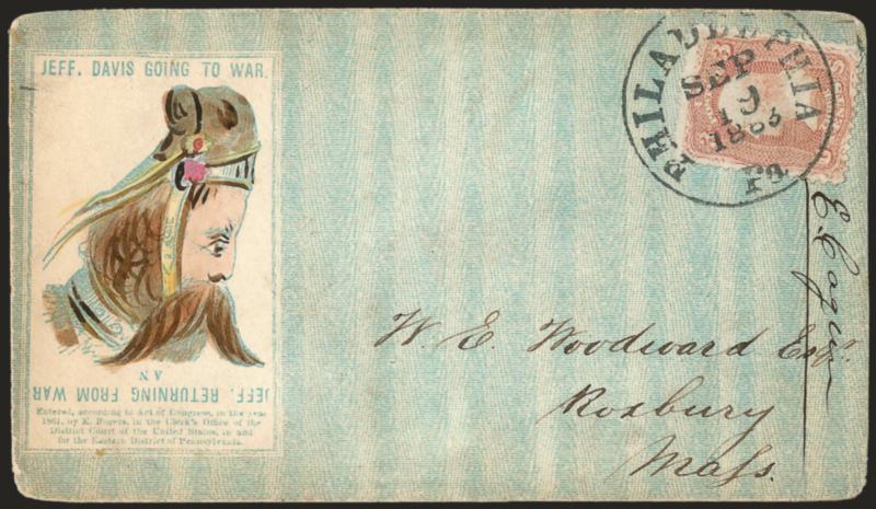 3c Rose (65).> Tied by well-struck Philadelphia Pa. Sep. 19, 1863 circular datestamp on multicolored <Jeff Davis Going and Returning from War caricature Patriotic> to Roxbury Mass., trivial edgewear, Very
Fine