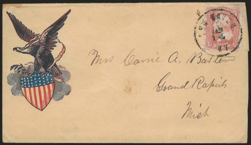 3c Rose (65).> Tied by New Haven Ky. Jan. 14 circular datestamp on multicolored <Eagle and Shield Patriotic> cover to Grand Rapids Mich., Very Fine Kentucky usage of this attractive patriotic design