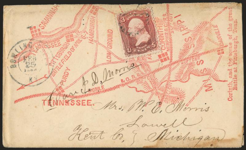 3c Rose (65).> Choice centering, tied by grid, Bowling Green Ky. Feb. 25, 1864 double-circle datestamp on red <Corinth, and the scene of the great Battle at Pittsburgh, Tenn. Patriotic> cover to Lowell Mich.,
slightly reduced at right, some soili