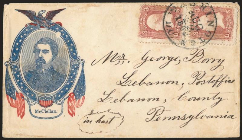3c Rose (65).> Two, tied by Washington D.C. Aug. 22, 1862 circular datestamp on red and blue <McClellan Patriotic> cover to Lebanon P.O. Pa., barely reduced at right, trivial soiling, Very Fine