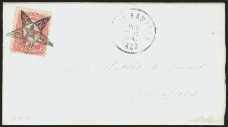 3c Rose (65).> Rich color, tied by well-struck <Union in Star> fancy cancel, West Hampton Mass. Feb. 28, 1863 circular datestamp on cover to Springfield Mass., Extremely Fine strike