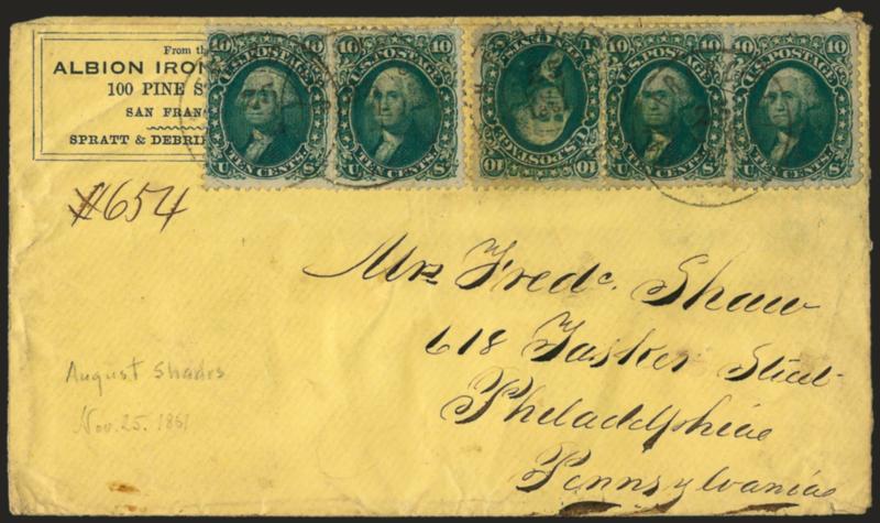 10c Dark Green (68a).> Five singles, deep rich color which at first glance looks like the August Issue (Scott 62B), tied by San Francisco Cal. Nov. 25, 1861 double-circle datestamps on yellow cover with ron
Works corner card> to Philadelphia, som