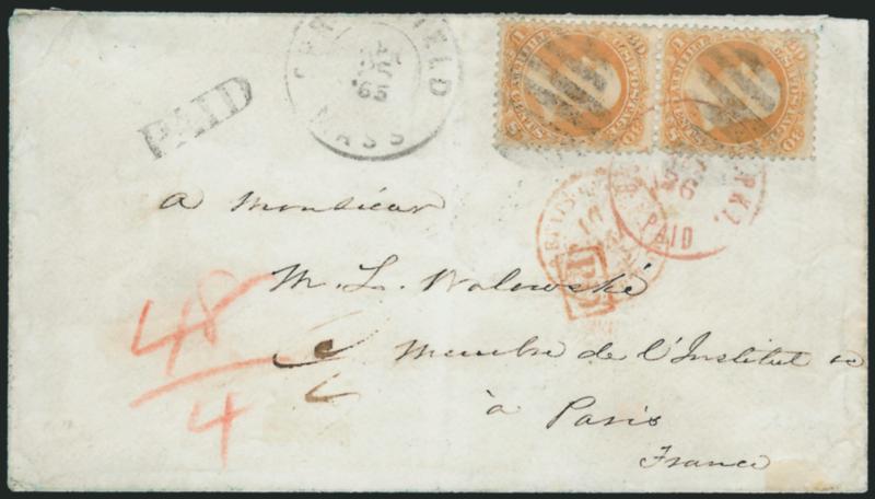 30c Orange (71).> Vertical pair, brilliant color, tied by grids, Springfield Mass. Apr. 25, 1865 double-circle datestamp on cover <to Paris, France,> red Boston credit circular datestamp also ties stamps, neat
Paid and also red boxed PD handsta