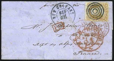 30c Orange (71).> Five covers, all are southern-related usages <to Europe,> incl. New Orleans La. Sep. 29, 1862 double-circle datestamp to France another with New Orleans La. Jan. 30, 1865 double-circle
datestamp to France one with Memphis Ten