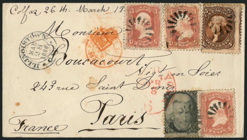 2c Black (73).> Used with <5c Brown (76) and three 3c Rose (65),> cancelled by unusual cork, matching Illinoistown Cal. Mar. 28, 1866 double-circle datestamp on cover <to Paris, France,> red New York 6 Apr. 18
credit datestamp, various French tra