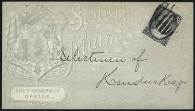 2c Black (73).> Two covers, first bears single tied by bold cork on <State of Maine, Adjt-Generals Office> all-over illustrated cover, second bears horizontal strip of three tied by Philadelphia Pa. Jan. 19
circular datestamps on cover, defecti