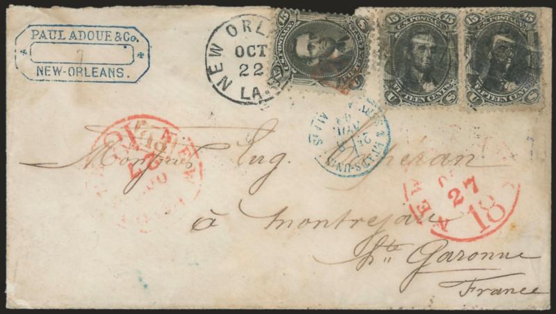 15c Black (77).> Three, tied by corks, New Orleans La. Oct. 22 circular datestamp on cover <to St. Garonne, France,> red New York Paid 18 Oct. 27 credit datestamps, various French transits, missing top flap and
with small piece out at top, some s