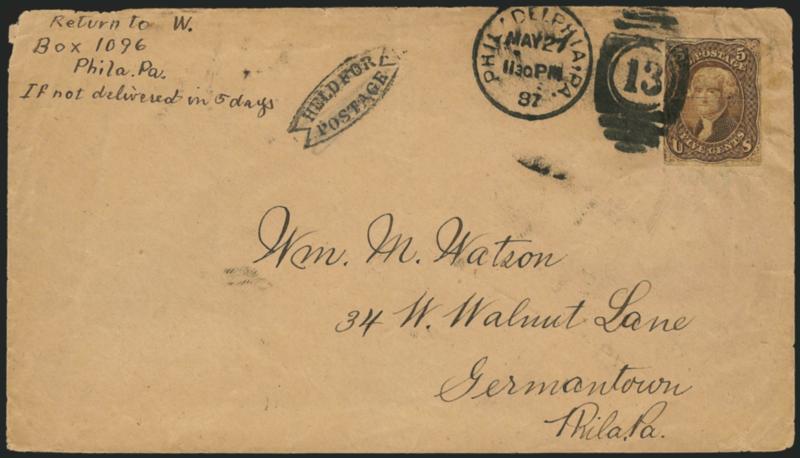 5c Postage Currency.> Single cut from Fractional Currency note, tied by Philadelphia Pa. May 27, 1887 duplex on cover to Germantown Pa., clear strike of <Held For Postage> handstamp at left, some cover wear,
note creased prior to use, Very Fine a