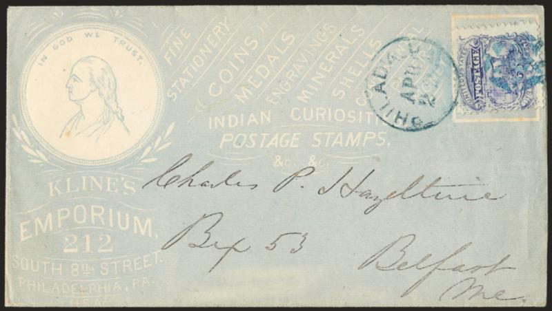 3c Ultramarine (114).> Tied by <blue> segmented cork and matching Philada. Pa. Apr. 22 circular datestamp on <Klines Emporium all-over advertising> cover for dealer in stationery, coins and stamps to Belfast
Me., Very Fine, an attractive usage