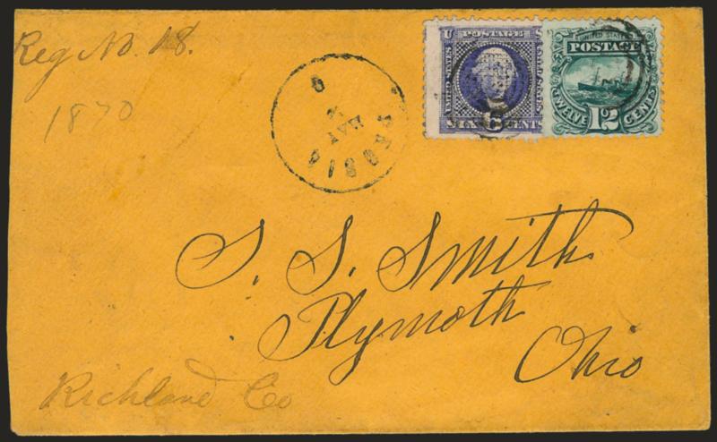 12c Green (117).> Used with <6c Ultramarine (115)> and tied by targets, Peoria O. May 2 circular datestamp on orange registered cover to Plymouth O., slightly reduced at left, Very Fine, ex Haas and
Lafayette
