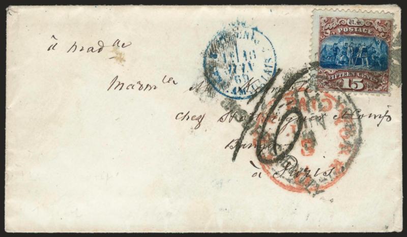 15c Brown & Blue, Ty. I (118).> Rich colors, tied by cork, red New York Paid 6 Jun. 3 credit datestamp overstruck by black New York 18 Jun. 3 debit circular datestamp <to Paris, France,> nsufficiently Paid>
straightline handstamp and 16 dec