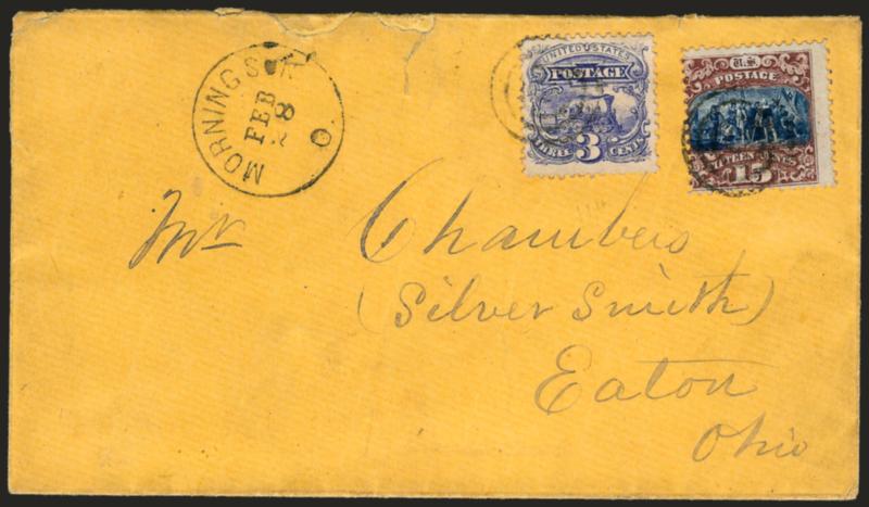 15c Brown & Blue, Ty. II (119).> Used with 3c Ultramarine (114), tied by targets, Morning Sun O. Feb. 28 circular datestamp on yellow cover to Eaton O., small edge tears at top from opening, Fine, unusual usage
as this lacks any registry markings y