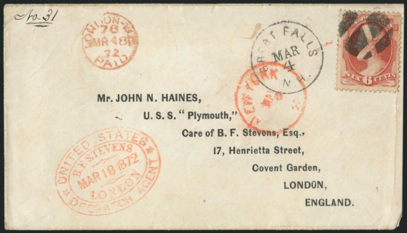 6c Carmine (148).> Tied by segmented cork, Great Falls N.H. Mar. 4 circular datestamp on cover with printed address <to London, England,> red New York and 1872 London transits, also with red .F. Stevens> oval
datestamp, Very Fine
