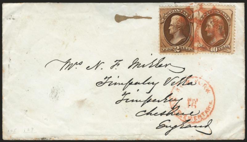 10c Brown (161).> Used with 2c Brown (157) and tied by well-struck <red New York Foreign Mail Geometric> cancel <to Cheshire, England,> matching <New York Supplementary May 16> Type F circular datestamp, 1874
transit backstamps, slightly reduced at