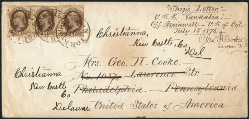 10c Brown (161).> Horizontal pair and single, tied by N. York Steamship Jul. 12 circular datestamps on legal-size cover to Philadelphia Pa. and <forwarded> to Christianna Del., endorsed <<Ships Letter, U.S.S.
Vandalia, off Aspinwall - U.S. of Col