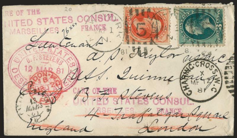 2c Vermilion, 3c Green (183, 184).> Tied by New York Mar. 1, 1881 duplexes on cover <to London, England and forwarded to U.S. Consul in Marseilles, France,> red .F. Stevens> oval datestamp, various transits,
Very Fine
