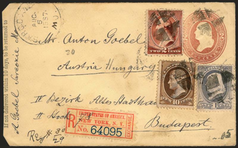 1c Gray Blue (206).> Used with 10c Brown (209) and 2c Red Brown (210), tied by quartered corks on registered 2c entire <to Budapest, Hungary,> neat Sarcoxie Mo. Aug. 6, 1887 circular datestamp, New York
registry label, transit and receiving backsta