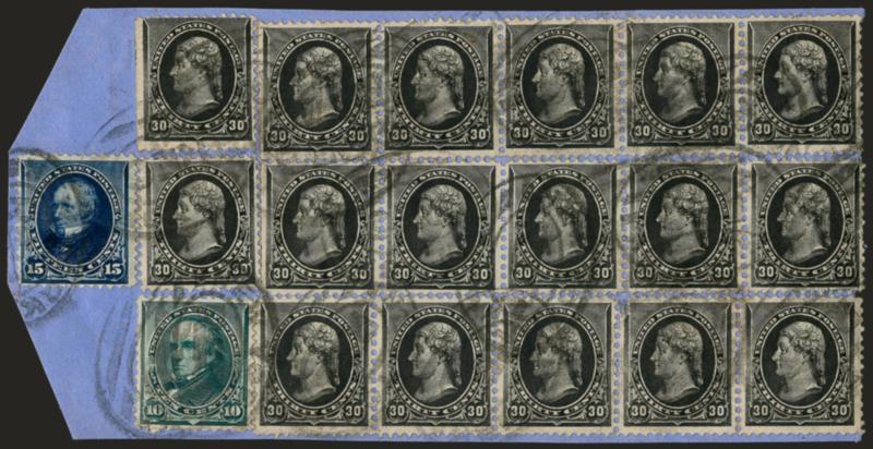 30c Black (228).> 17 with most in three strips, used with 10c Green (226) and 15c Indigo (227), tied by oval New York registry cancels blue piece, few stamps near edge with trivial imperfections, Fine,
impressive franking showing $5.35 of postage, us
