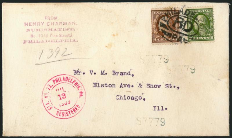 4c Orange Brown, China Clay (334 var).> Used with average normal 8c Olive Green No. 337 tied together and onto Registered cover to Chicago by bold Philadelphia Pa RD double oval, magenta Philadelphia, Pa.
Registered Jul 13 1909 double-circle date