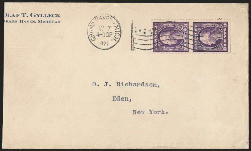 3c Dark Violet, Ty. II, Vertical Pair, Imperforate Horizontally (502c).> Wide margins, rich color, tied by Grand Haven Mich. May 7 4-30P 1922 waving-flag machine cancel on cover to Eden N.Y., reduced at
left<><>^VERY FINE. THIS IS REPORTED TO BE