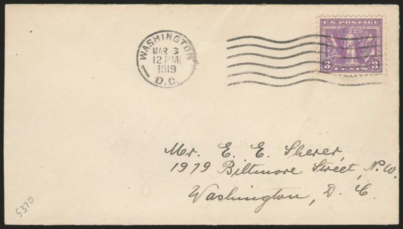 3c Violet (537).> Beautifully centered and lovely pastel color, tied by Washington D.C. Mar. 3 12PM 1919 <First Day> wavy line machine cancel on neat cover used locally within the City, Extremely Fine, with
1970 American First Day Cover Society and