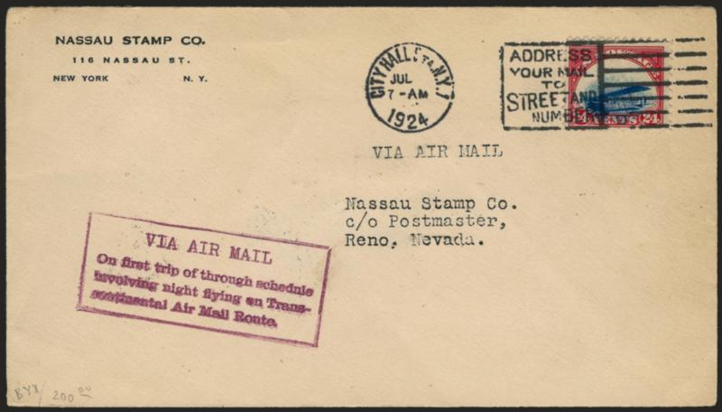 24c Carmine Rose & Blue, 1918 Air Post, Grounded Plane Variety (C3 var).> Strong Grounded Plane variety, tied by City Hall Sta. N.Y. 1 Jul. 7-AM 1924 machine cancel on to Reno Nev., purple Via Air Mail, On
first trip of through schedule involving