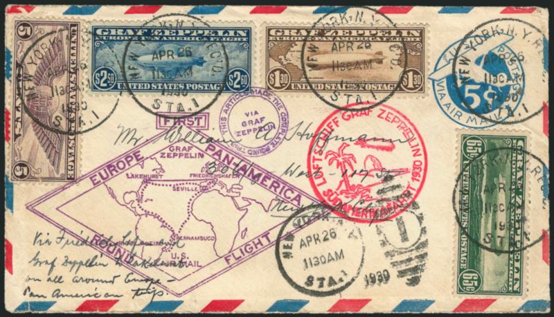 65c-$2.60 Graf Zeppelin (C13-C15).> Used with No. C12 on 5c entire and tied by New York N.Y. Apr. 26, 1930 datestamps to New York, red and purple cachets, Friedrichschafen and Lakehurst backstamps, Very Fine
and choice, colorful flown usage