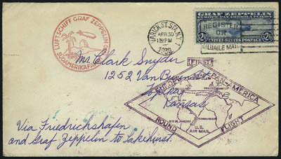 65c-$2.60 Graf Zeppelins (C13-C15).> Tied on separate cacheted flown covers (first two cards), purple diamond cachet on 65c a bit smeared, Fine set