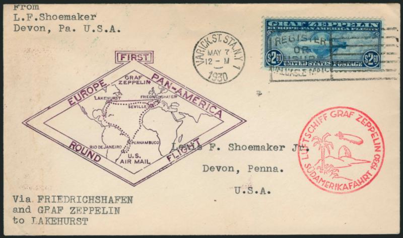 $2.60 Graf Zeppelin (C15).> On cacheted flown cover tied by New York May 7, 1930 slogan machine cancel, Very Fine