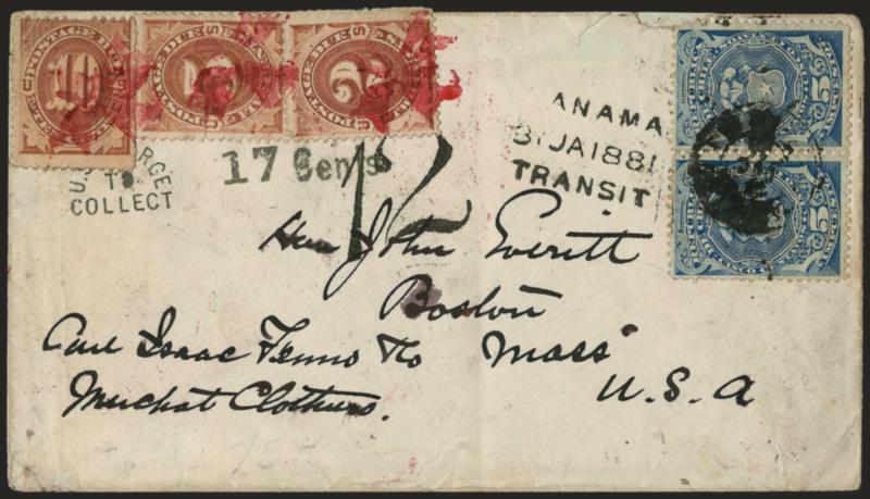 2c, 5c, 10c Brown, Postage Due (J2, J4, J5).> Tied by red cork cancels on inbound cover to Boston, also with horizontal pair of <Chile 5c stamps> tied by bold circular datestamp, Panama 31 JA 1881 Transit
three-line datestamp, also with U.S. Charg
