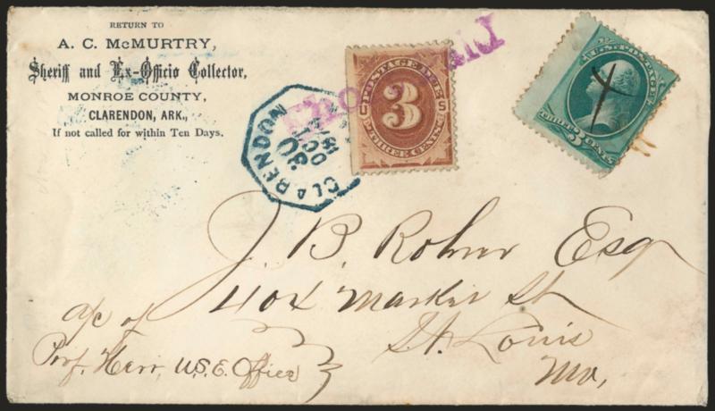 3c Brown, Postage Due (J3).> Tied by purple <Short Paid> handstamp, used with <3c Green (184),> cancelled by ms. X on cover with <Sheriffs corner card> from Clarendon Ark. to St. Louis Mo., blue Clarendon 30
Oct. 1879 octagonal datestamp, Fine