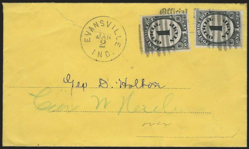 1c Post Office (O47).> Two, tied by grids, Evansville Ind. Jan. 2 (1873) circular datestamp on yellow Official Business cover, with dated note on back, cover with sealed tears, still Very Fine, very early
use