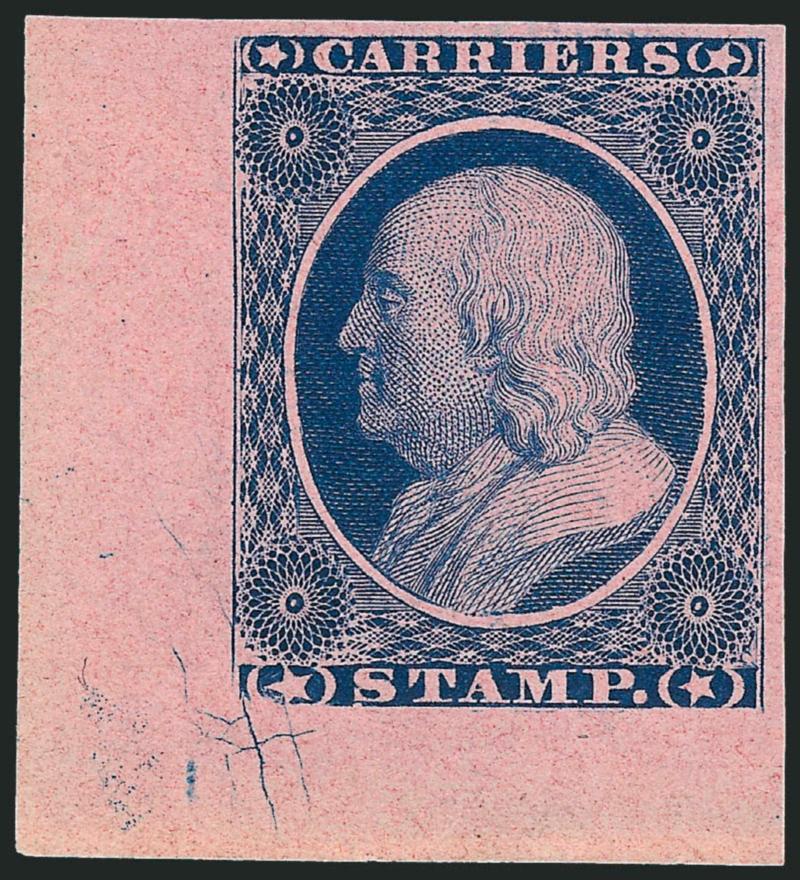 (1c) Blue on Rose, Franklin Carrier Reprint, Corner Plate Crack (LO3 var).> Without gum as issued, huge margins incl. <bottom left corner margin,> showing distinctive crack at lower left, faint diagonal bend,
Extremely Fine, Scott Retail $100.00