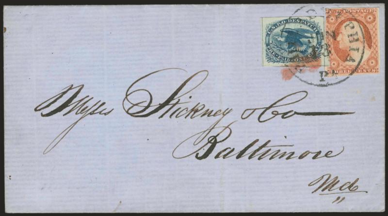 1c Blue, Eagle Carrier (LO2).> Large to huge margins with framelines on three sides, deep shade, used with 3c Dull Red, Ty. I (11), large margins to just barely in at upper left, Eagle Carrier tied by red
cancel, both stamps tied by Philadelphia Pa.