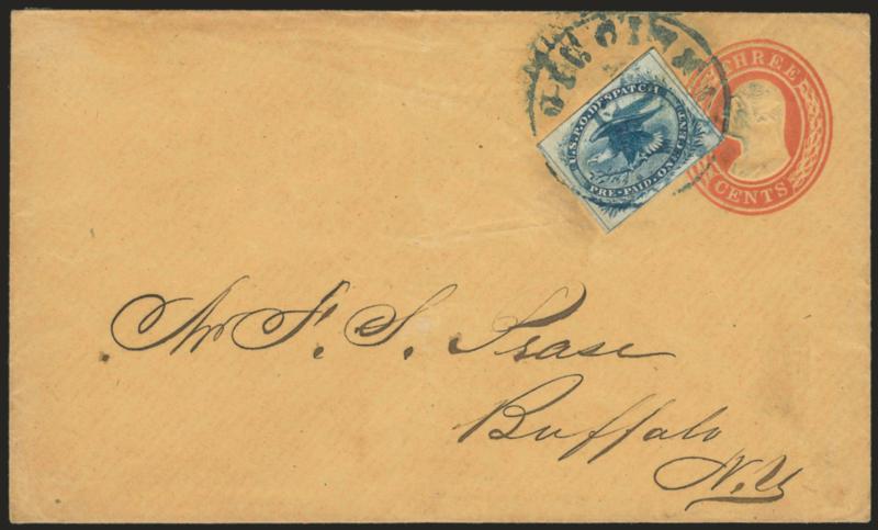 1c Blue, Eagle Carrier (LO2).> Large to huge margins, tied by bold <blue Cincinnati O. Nov. 20> circular datestamp on 3c Red Nesbitt entire (U10) to Buffalo N.Y., Extremely Fine, ex Hall