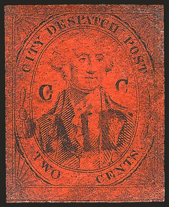 (Coles) Post Office City Despatch, New York N.Y., 2c Black on Vermilion Glazed, CC at Sides (40L6).> Full to large margins, Paid cancel, usual oxidation and minor faults, still Very Fine for this scarce
stamp