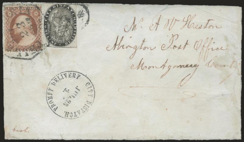 City Despatch, Philadelphia Pa., 1c Black (41L1).> Margins slightly in, tied by grid in circle, used with 3c Dull Red (26), both stamps tied by Philadelphia Pa. Jul. 23, 1860 octagonal datestamp on cover to
Abington Pa., clear strike of Prompt Del